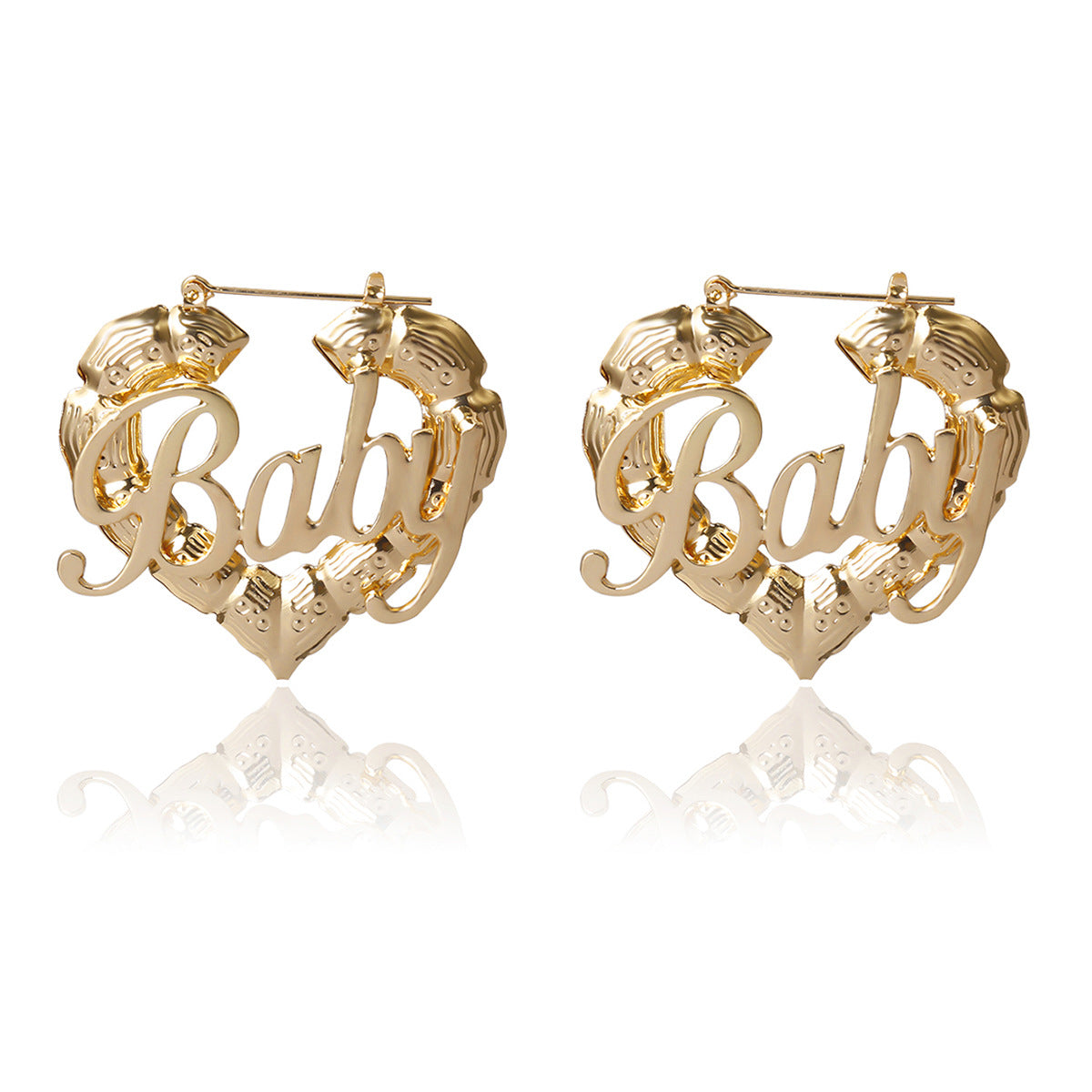 Hip-Hop Punk Bamboo Hoop Earrings – BABY Letter & Heart Studs for Women