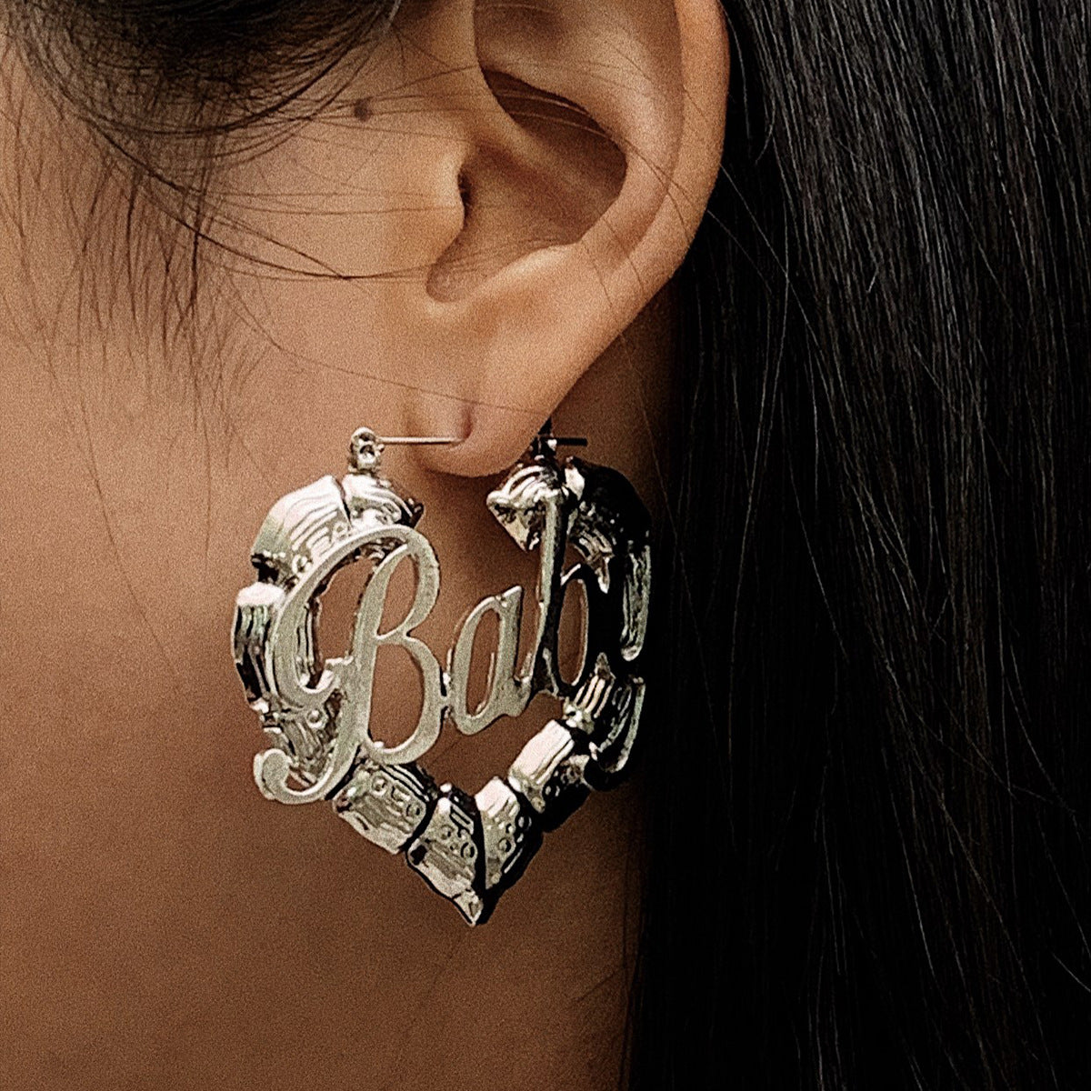 Hip-Hop Punk Bamboo Hoop Earrings – BABY Letter & Heart Studs for Women