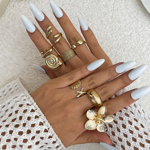 Ocean Shell & Flower Open Ring Set for Girls