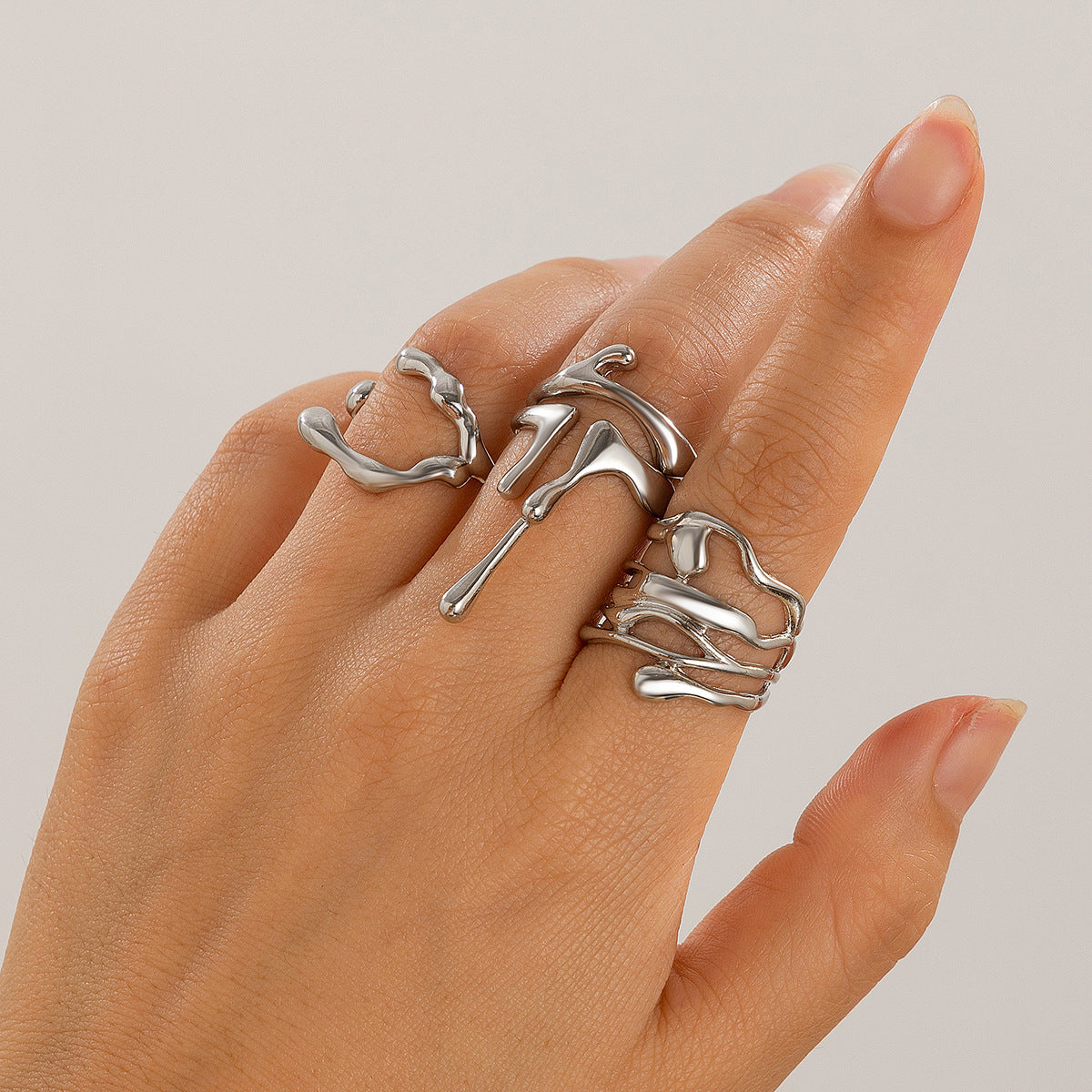 Liquid Lava Open Ring Set Irregular Glossy Hollow Rings for Women