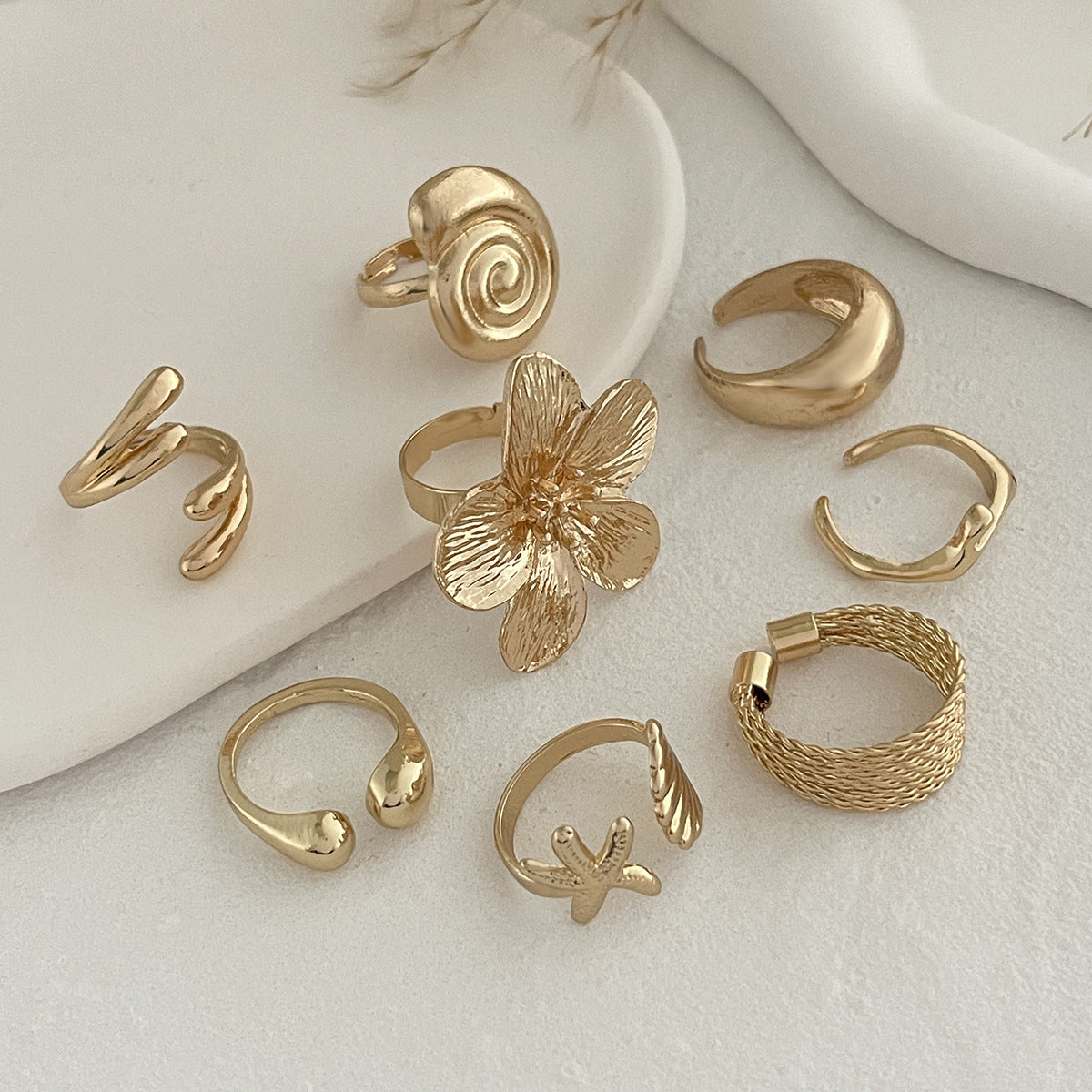 Ocean Shell & Flower Open Ring Set for Girls