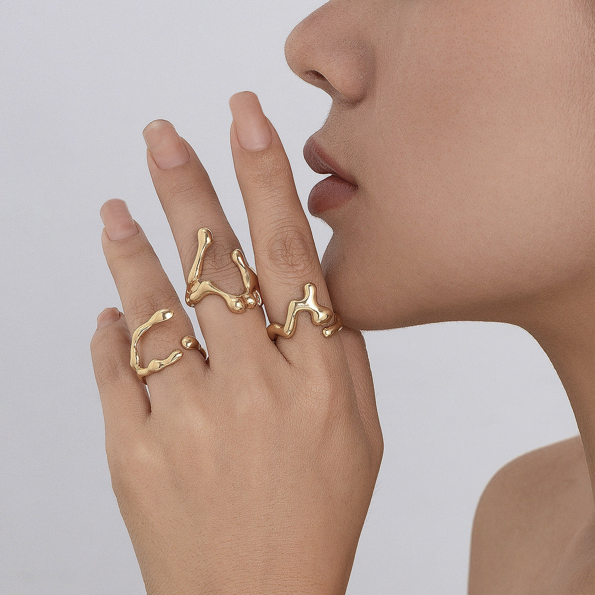 Liquid Lava Open Ring Set Irregular Glossy Hollow Rings for Women
