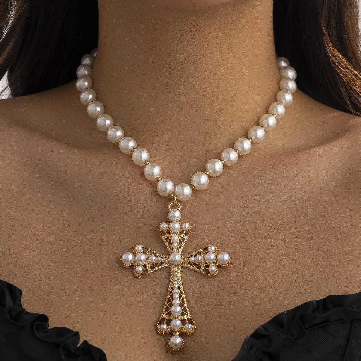 Cyberpunk Multi-Layer Pearl Cross Necklace