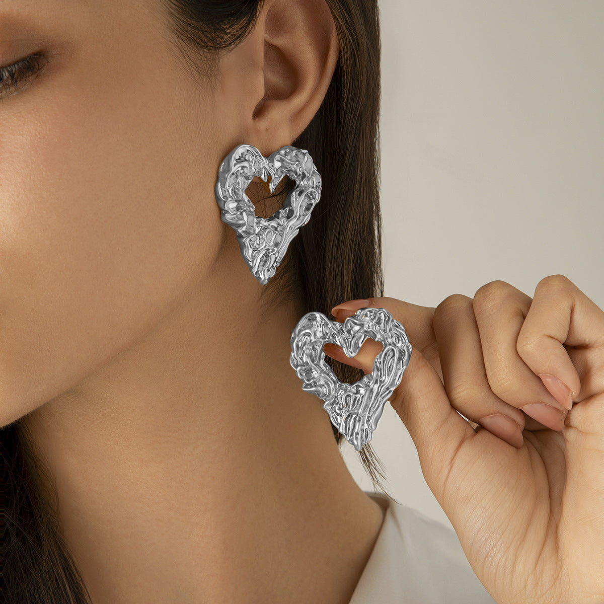 Lava Metal Heart Drop Stud Earrings Irregular Geometric Pleated Design