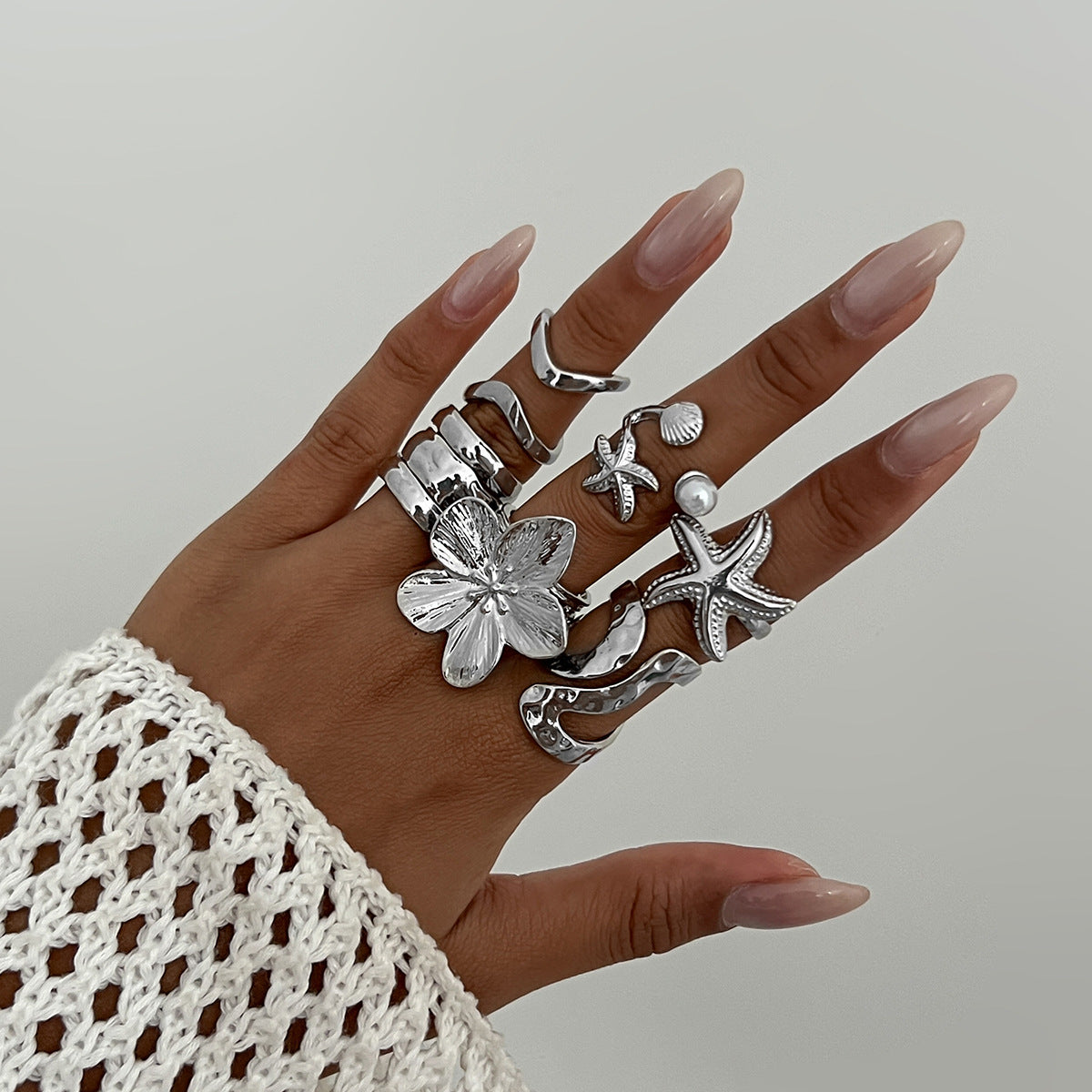 Ocean Shell & Flower Open Ring Set for Girls