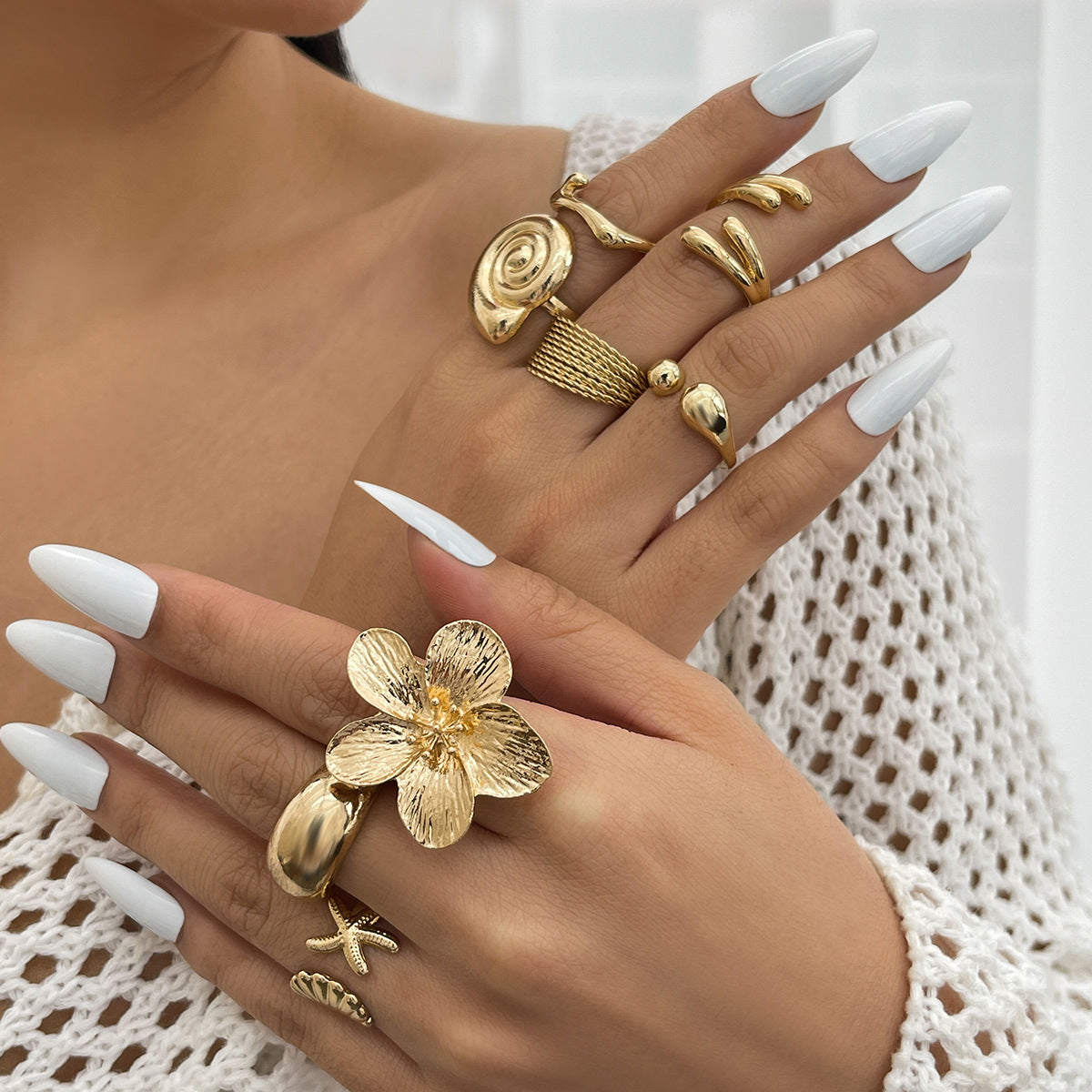 Ocean Shell & Flower Open Ring Set for Girls