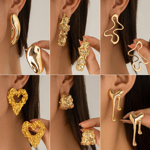 Lava Metal Heart Drop Stud Earrings Irregular Geometric Pleated Design