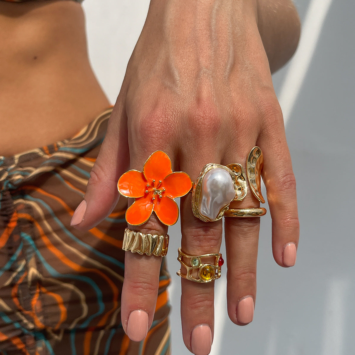 Baroque Pearl Gemstone Lava Open Ring