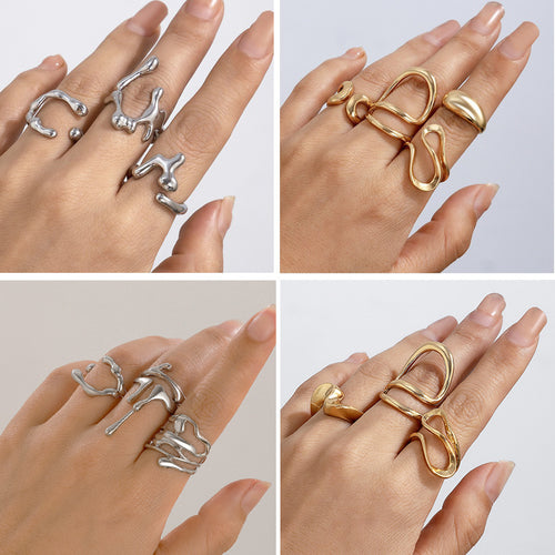 Liquid Lava Open Ring Set Irregular Glossy Hollow Rings for Women