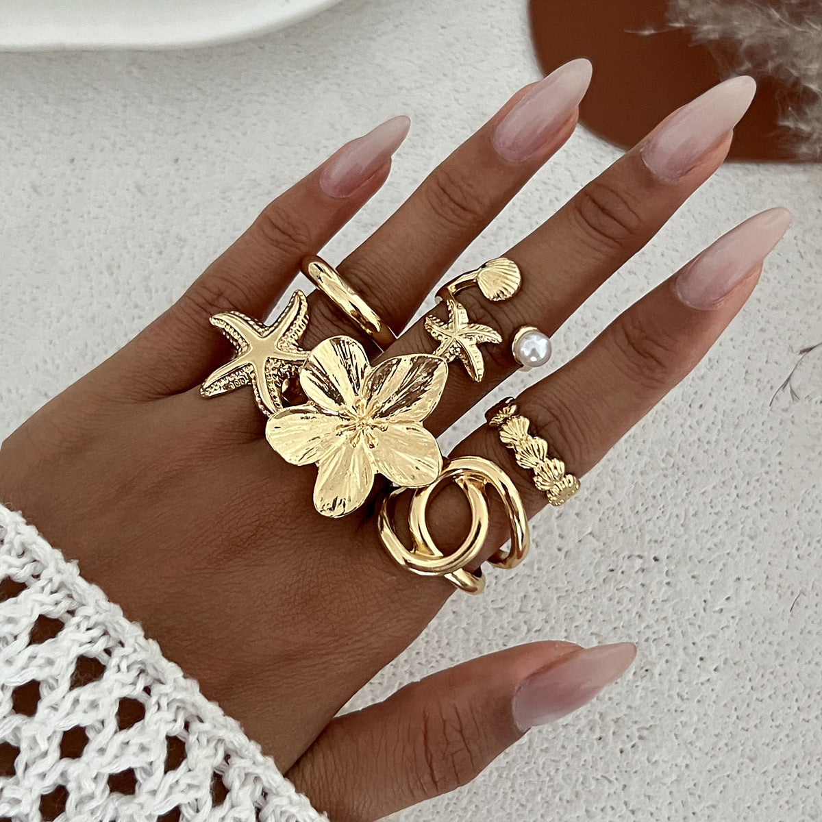 Ocean Shell & Flower Open Ring Set for Girls