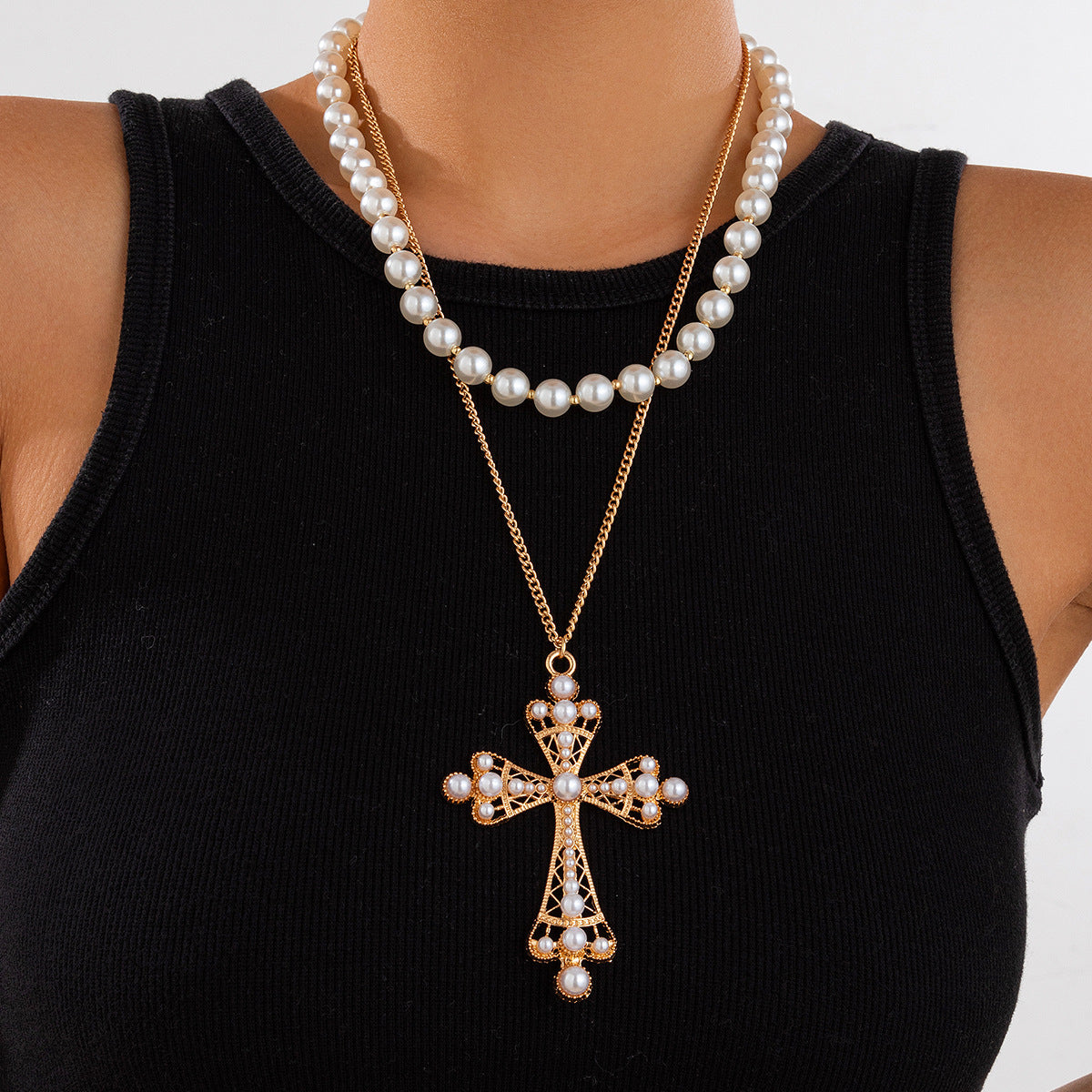 Cyberpunk Multi-Layer Pearl Cross Necklace