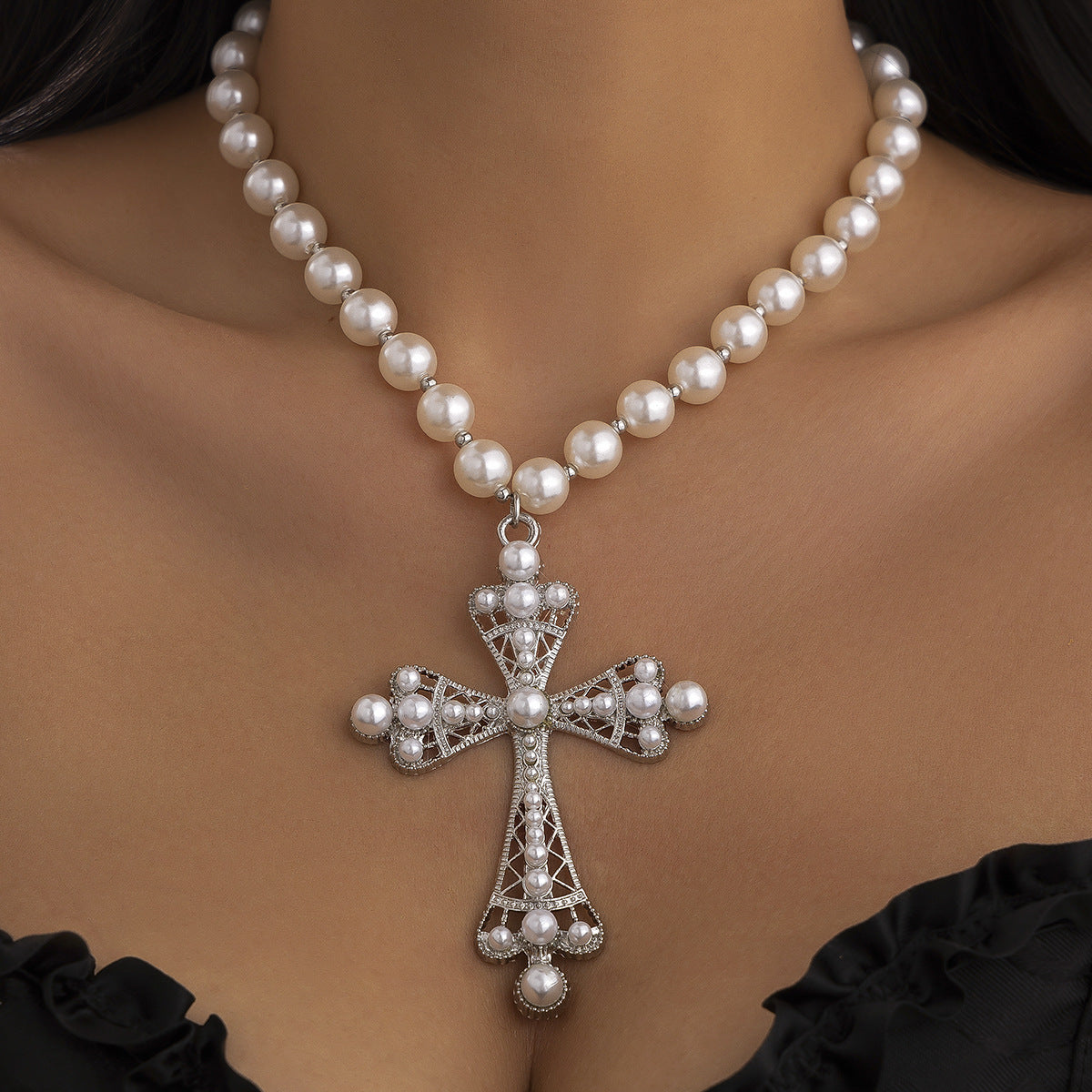 Cyberpunk Multi-Layer Pearl Cross Necklace