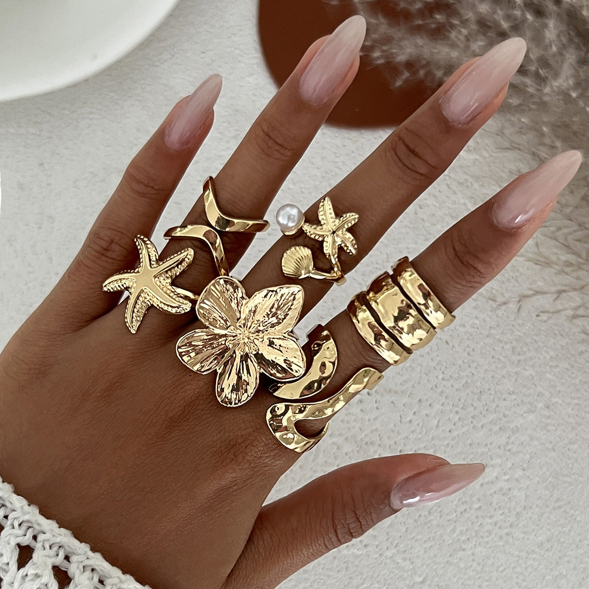 Ocean Shell & Flower Open Ring Set for Girls