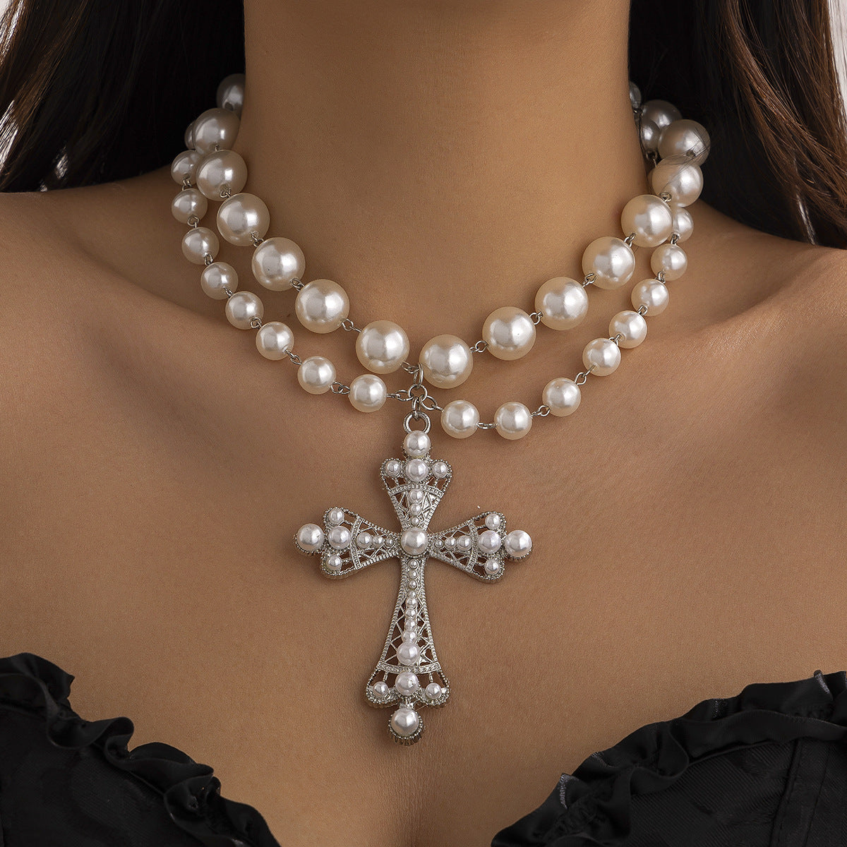 Cyberpunk Multi-Layer Pearl Cross Necklace