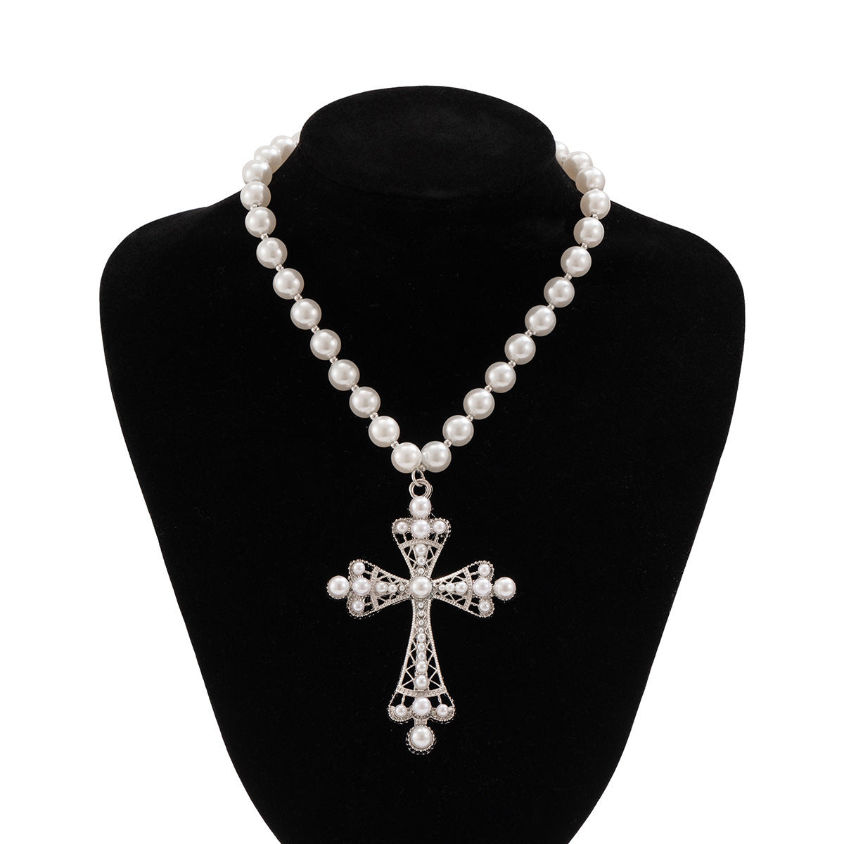 Cyberpunk Multi-Layer Pearl Cross Necklace