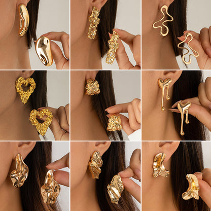 Lava Metal Heart Drop Stud Earrings  Irregular Geometric Pleated Design