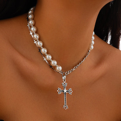 Cyberpunk Multi-Layer Pearl Cross Necklace