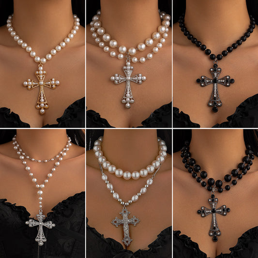 Cyberpunk Multi-Layer Pearl Cross Necklace