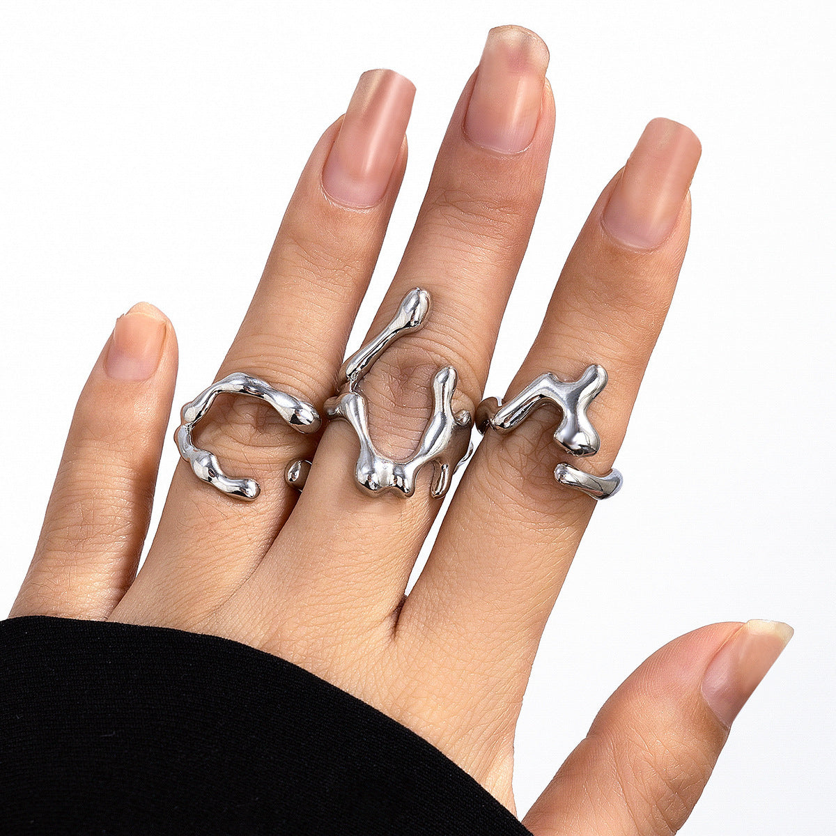 Liquid Lava Open Ring Set  Irregular Glossy Hollow Rings for Women