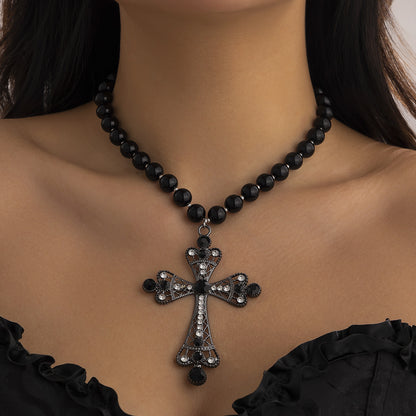 Cyberpunk Multi-Layer Pearl Cross Necklace