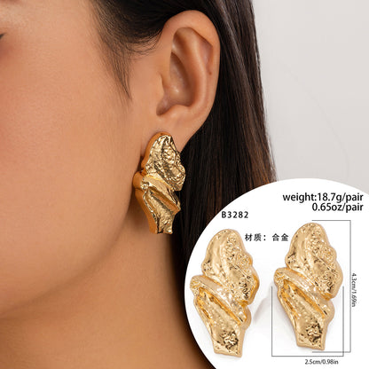 Lava Metal Heart Drop Stud Earrings  Irregular Geometric Pleated Design